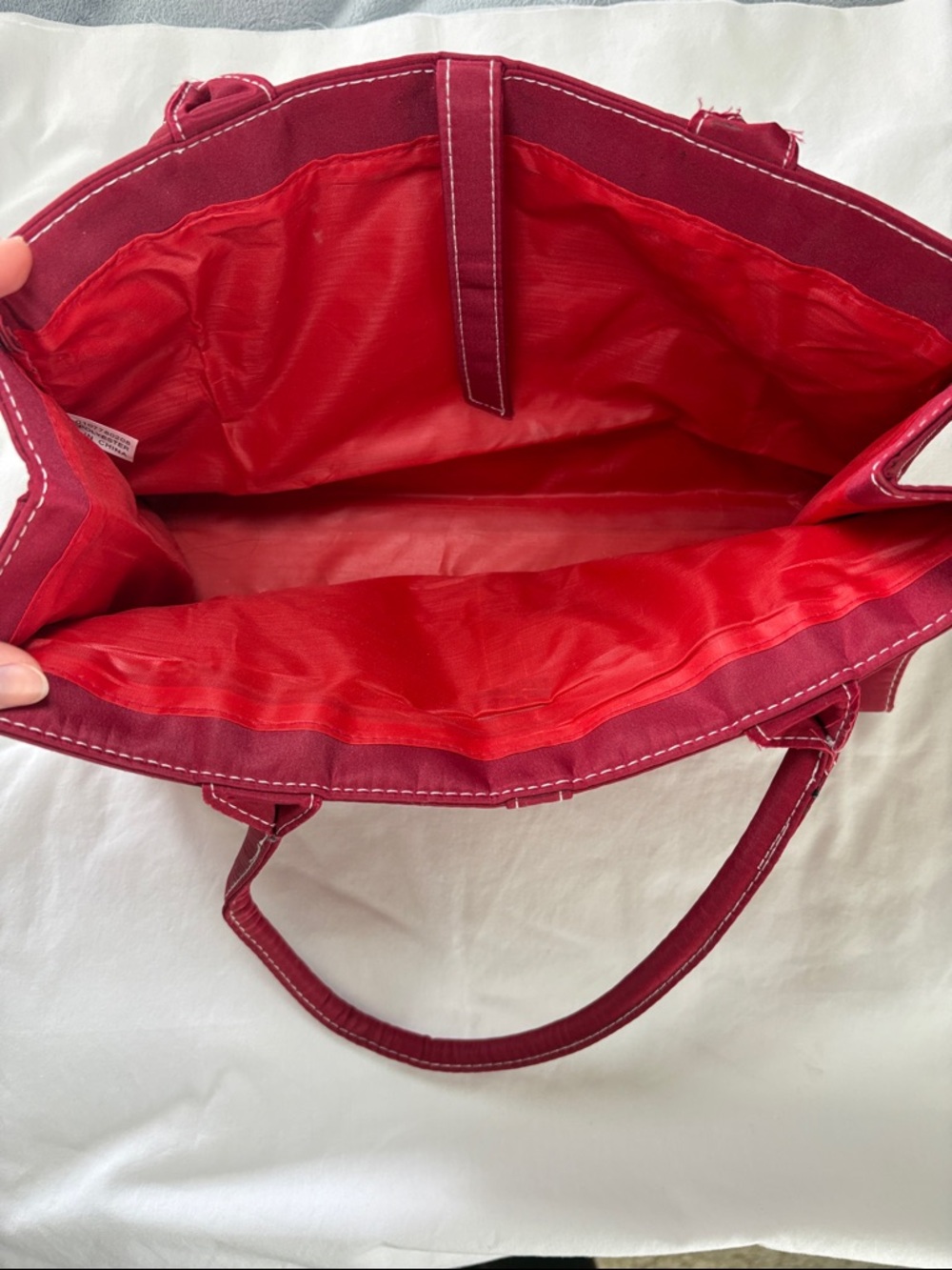 Red Tote Bag with White Stitching Shoulder Bag - Picture 6 of 6